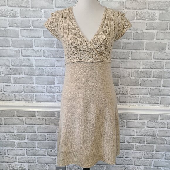 Button Wool V-neck Wrap Front Sweater Dress Cable Knit Short Sleeve Knee Length - Picture 11 of 11